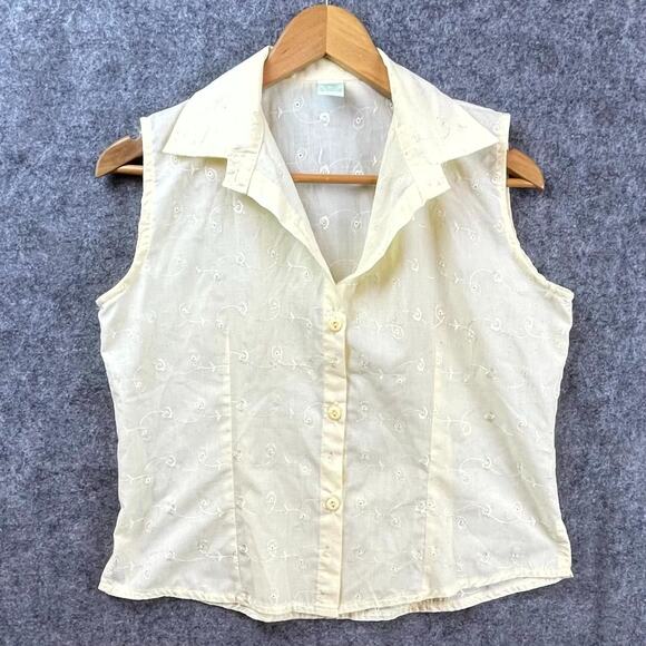 Vintage Womens Shirt Large Butter Yellow Eyelet Button Front Hippie Embroidered - Picture 1 of 7